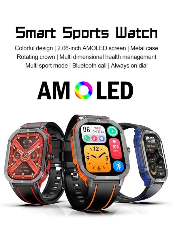 2.06" AMOLED Smart Watch with Bluetooth Call, NFC, Fitness & Health Tracker, IP68 Waterproof, Heart Rate Blood Pressure Monitor, Step Counter, Compatible with Android (Blue)