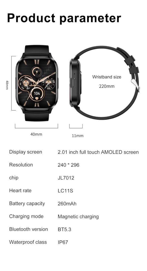 Smart Watch for Android iPhone with Bluetooth Call, 2.01'' AMOLED Display, Fitness Tracker with Heart Rate, NFC, Sleep Monitor, IP67 Waterproof, Voice Assistant, for Men and...