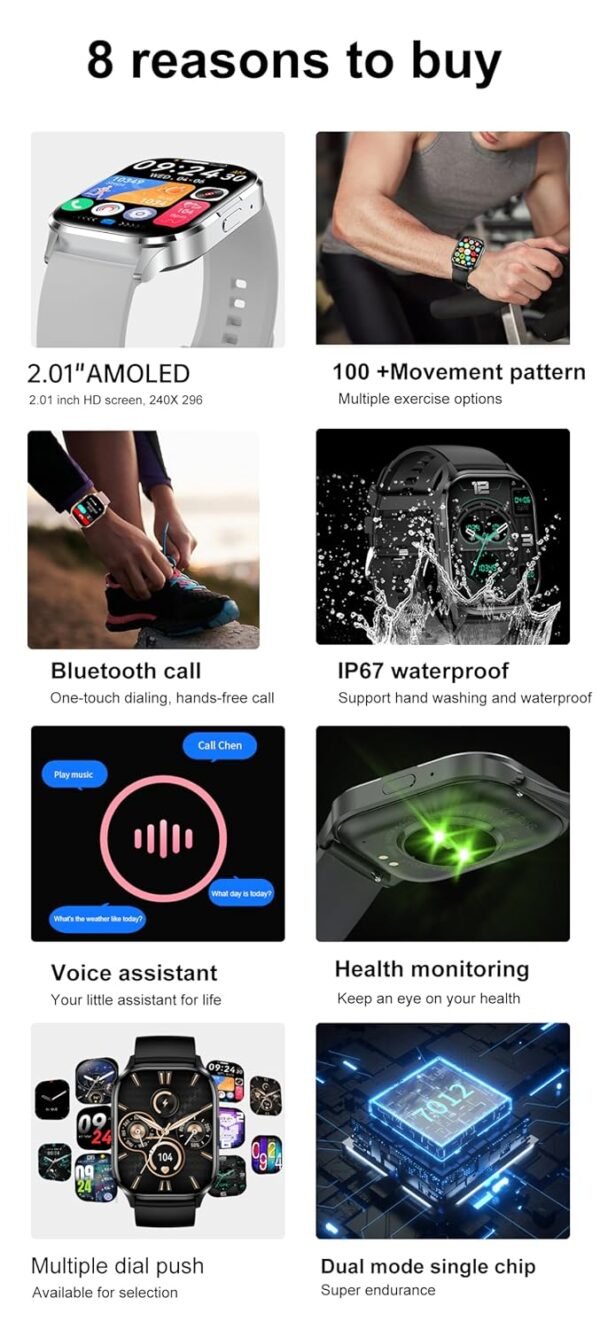 Smart Watch for Android iPhone with Bluetooth Call, 2.01'' AMOLED Display, Fitness Tracker with Heart Rate, NFC, Sleep Monitor, IP67 Waterproof, Voice Assistant, for Men and...