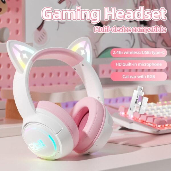 Wireless Cat Ear Headphones with RGB Lights – Tri-Mode Gaming Headset with Mic, 2.4G Wireless, Bluetooth & Wired, Over Ear, 50mm Drivers, Low Latency, Type-C, Long Playtime (Pink)