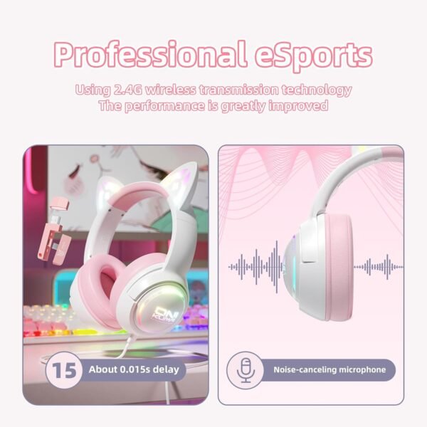 Wireless Cat Ear Headphones with RGB Lights – Tri-Mode Gaming Headset with Mic, 2.4G Wireless, Bluetooth & Wired, Over Ear, 50mm Drivers, Low Latency, Type-C, Long Playtime (Pink)
