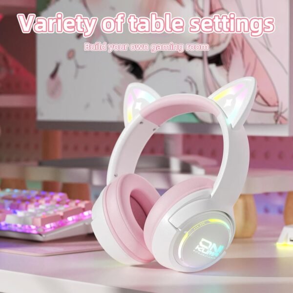 Wireless Cat Ear Headphones with RGB Lights – Tri-Mode Gaming Headset with Mic, 2.4G Wireless, Bluetooth & Wired, Over Ear, 50mm Drivers, Low Latency, Type-C, Long Playtime (Pink)