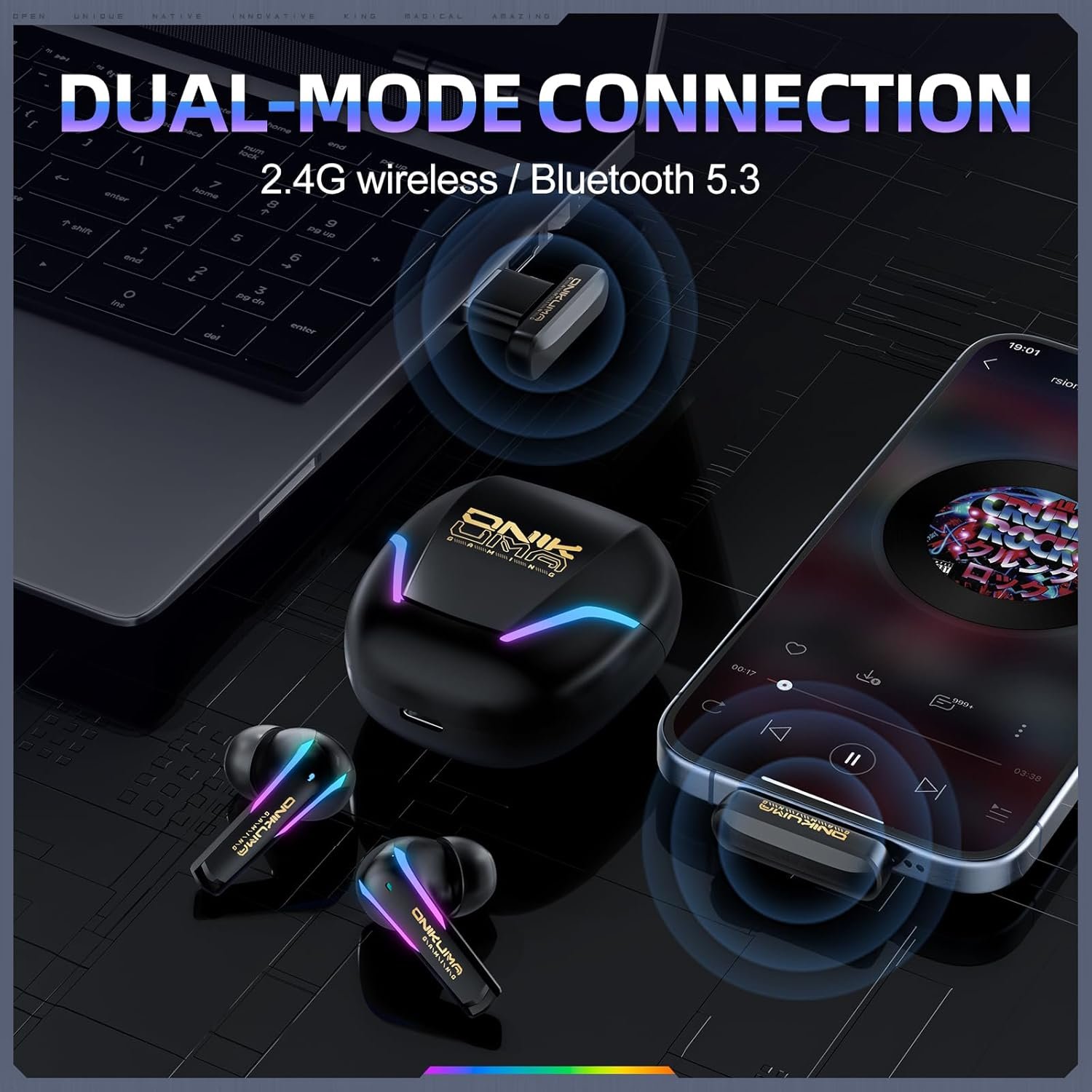 wireless gaming earbuds with earhooks, bluetooth 5.3 + 2.4g dual mode, low latency sport earphones with mic, type c charging case, ipx4 waterproof, 6h playtime Wireless Gaming Earbuds with Earhooks, Bluetooth 5.3 + 2.4G Dual Mode, Low Latency Sport Earphones with Mic, Type-C Charging Case, IPX4 Waterproof, 6H Playtime