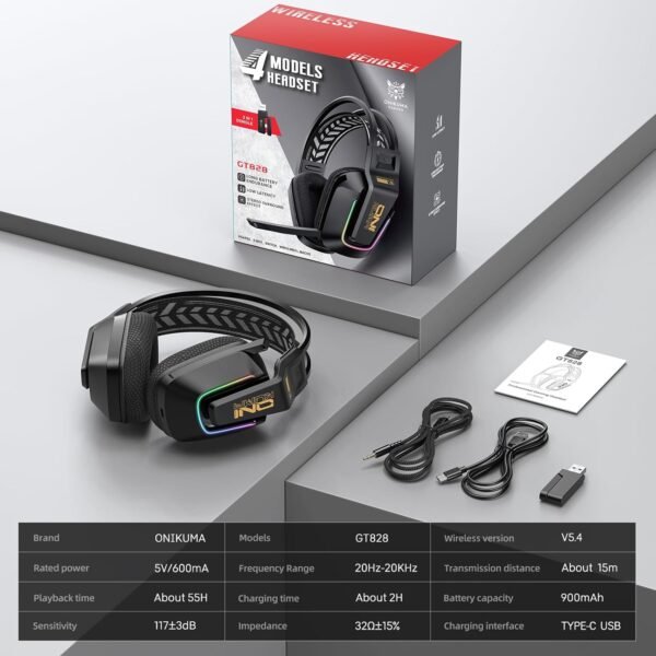 Wireless Gaming Headset with 4 Modes, 50mm Drivers, Bluetooth 5.4, 2.4G USB & Type-C, Wired, RGB Lighting, Low Latency, 55H Battery, Mic, Over-Ear Headphones for...