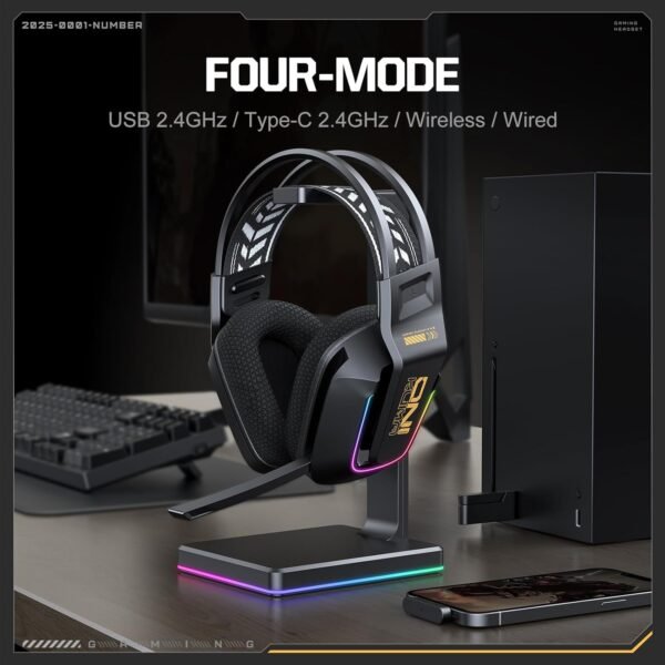 Wireless Gaming Headset with 4 Modes, 50mm Drivers, Bluetooth 5.4, 2.4G USB & Type-C, Wired, RGB Lighting, Low Latency, 55H Battery, Mic, Over-Ear Headphones for...
